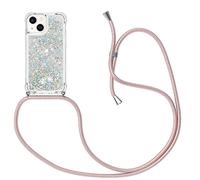MXKOCO Mobile Phone Chain Compatible with iPhone 14 (6.1), Glitter Liquid Moving Quicksand Case with Strap, Shoulder Bags + Cases with Neck Strap, Mobile Phone Cord with Protective Case, Stylish Chain