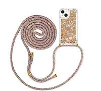 MXKOCO Mobile Phone Chain Compatible with iPhone 15 (6.1), Glitter Liquid Moving Quicksand Case with Strap, Shoulder Bags + Cases with Neck Strap, Mobile Phone Cord with Protective Case, Stylish Chain