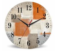 Mxocom Beige and Orange Grey Wall Clock Abstract Art Squares Textured 10 Inch Silent Non Ticking Battery Operated Clock Vintage Round Clock for Living Room Bedroom Bathroom Office Decor