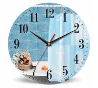 Mxocom Cat Shower Wall Clock Funny Cat is Taking a Bath with Toy Duck 10 Inch Silent Non Ticking Battery Operated Clock Vintage Round Clock for Living Room Bedroom Bathroom Office Decor