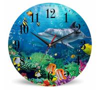 Mxocom Cute Dolphin Wall Clock Coral Colorful Tropical Fish Under The Sea 10 Inch Silent Non Ticking Battery Operated Clock Vintage Round Clock for Living Room Bedroom Bathroom Office Decor