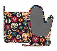 Mxocom Day of The Dead Oven Mitts and Pot Holders Sets Sugar Skulls and Flowers Seamless Pattern on Dark Background Silicone Heat Resistant Kitchen Oven Gloves Pot Holder for Cooking