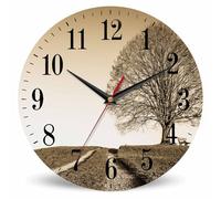 Mxocom Field Road Wall Clock Tree Grass Autumn Meadow Bench 10 Inch Silent Non Ticking Battery Operated Clock Vintage Round Clock for Living Room Bedroom Bathroom Office Decor