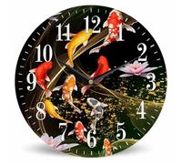 Mxocom Fish Lotus Carp Wall Clock Watercolor Flowers Leaf Black 10 Inch Silent Non Ticking Battery Operated Clock Vintage Round Clock for Living Room Bedroom Bathroom Office Decor