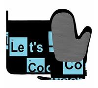 Mxocom Let's Cook Silicone Oven Mitts and Pot Holders Sets Breaking Bad Inspiration Quote Cooking Abstract Blue Word BBQ Gloves for Kitchen,Cooking,Baking,Grilling