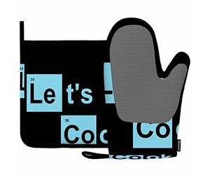 Mxocom Let's Cook Silicone Oven Mitts and Pot Holders Sets Breaking Bad Inspiration Quote Cooking Abstract Blue Word BBQ Gloves for Kitchen,Cooking,Baking,Grilling