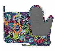 Mxocom Paisley Stylized Flowers Oven Mitts and Pot Holders Sets Mandala Boho Damask Floral Swirls Teardrop Ethnic Tribal Colorful Silicone Heat Resistant Kitchen Oven Gloves Pot Holder for Cooking