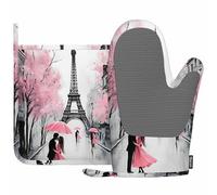Mxocom Paris City Silicone Oven Mitts and Pot Holders Sets France Eiffel Tower Couple Under an Umbrella BBQ Gloves for Kitchen,Cooking,Baking,Grilling