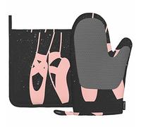 Mxocom Pink Ballerina Oven Mitt and Pot Holder with Silicone Beautiful Girl Ballet Dancer Abstract Art Black Background Heat Resistant Kitchen for Cooking BBQ Baking Grilling Spring/Summer