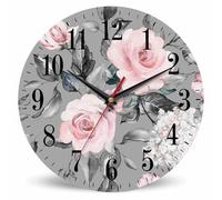 Mxocom Pink Flowers and Leaves Wall Clock Artistic Watercolor Rose Flower Grey Spring 10 Inch Silent Non Ticking Battery Operated Clock Vintage Round Clock for Living Room Bedroom Bathroom Decor