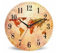 Mxocom Retro World Map Wall Clock Art Colorful Poster Style Red Green Beige 10 Inch Silent Non Ticking Battery Operated Clock Vintage Round Clock for Living Room Bedroom Bathroom Office Decor