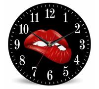 Mxocom Sexy Red Lip Wall Clock Funny Biting Lip Pattern 10 Inch Silent Non Ticking Battery Operated Clock Vintage Round Clock for Living Room Bedroom Bathroom Office Decor