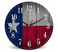 Mxocom Texas State Flag Wall Clock American Red Blue White Star Wooden Aged Wall 10 Inch Silent Non Ticking Battery Operated Clock Vintage Round Clock for Living Room Bedroom Bathroom Office Decor