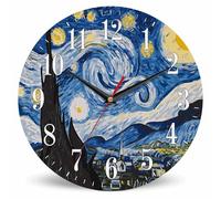Mxocom The Starry Night Wall Clock Art Oil Painting Moon Mountain Village Van Gogh 10 Inch Silent Non Ticking Battery Operated Clock Vintage Round Clock for Living Room Bedroom Bathroom Office Decor
