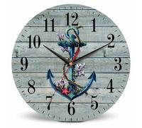 Mxocom Vintage Anchor Wall Clock Art Nautical Shell Coral Retro Green Board 10 Inch Silent Non Ticking Battery Operated Clock Vintage Round Clock for Living Room Bedroom Bathroom Office Decor