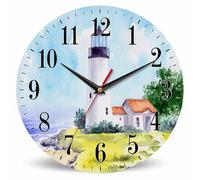 Mxocom Watercolor Lighthouse Wall Clock Building Green Hill Blue Skies House Tower 10 Inch Silent Non Ticking Battery Operated Clock Vintage Round Clock for Living Room Bedroom Bathroom Office Decor
