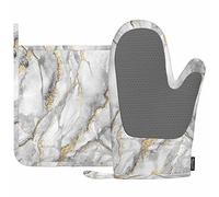 Mxocom White Marble Oven Mitt and Pot Holder with Silicone Fashion Marbling Granite Stone Gold Black Gray Heat Resistant Kitchen for Cooking BBQ Baking Grilling Spring/Summer