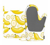 Mxocom Yellow Banana Silicone Oven Mitts and Pot Holders Sets Sliced Banana Seamless Background BBQ Gloves for Kitchen,Cooking,Baking,Grilling