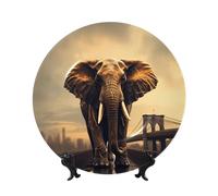 MXPELGHMAD Bone China Decorative Plates 10in Ceramic Dinner Plates with Display Stand Elephant On A Bridge Plate Ceramic Ornaments Art Crafts Round Display Porcelain Plate for Home Office Wall Decor