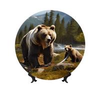MXPELGHMAD Bone China Decorative Plates 10in Ceramic Dinner Plates with Display Stand Wild Bear Plate Ceramic Ornaments Art Crafts Round Display Porcelain Plate for Home Office Wall Decor