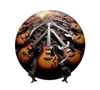 MXPELGHMAD Bone China Decorative Plates 6in Ceramic Dinner Plates with Display Stand Electric Guitar Music Plate Ceramic Ornaments Art Crafts Round Display Porcelain Plate for Home Office Wall Decor