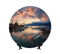 MXPELGHMAD Bone China Decorative Plates 6in Ceramic Dinner Plates with Display Stand Evening in Vancouver Plate Ceramic Ornaments Art Crafts Round Display Porcelain Plate for Home Office Wall Decor