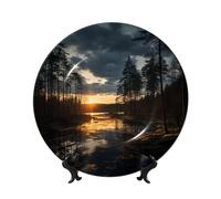 MXPELGHMAD Bone China Decorative Plates 6in Ceramic Dinner Plates with Display Stand Evening time in Forest Plate Ceramic Ornaments Art Crafts Round Display Porcelain Plate for Home Office Wall Decor