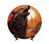 MXPELGHMAD Bone China Decorative Plates 6in Ceramic Dinner Plates with Display Stand Howling Wolf and Moon Plate Ceramic Ornaments Art Crafts Round Display Porcelain Plate for Home Office Wall Decor