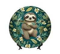 MXPELGHMAD Bone China Decorative Plates 7in Ceramic Dinner Plates with Display Stand Adorable Sloth Plate Ceramic Ornaments Art Crafts Round Display Porcelain Plate for Home Office Wall Decor