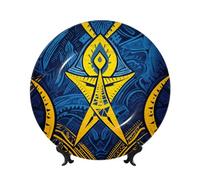 MXPELGHMAD Bone China Decorative Plates 7in Ceramic Dinner Plates with Display Stand Blue and Yellow Tribal Plate Ceramic Ornaments Art Crafts Round Display Porcelain Plate for Home Office Wall Decor