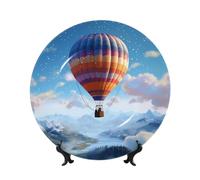 MXPELGHMAD Bone China Decorative Plates 7in Ceramic Dinner Plates with Display Stand Hot air Balloon Plate Ceramic Ornaments Art Crafts Round Display Porcelain Plate for Home Office Wall Decor