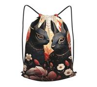 MXPELGHMAD Drawstring Backpack Draw String Back Bag Cute Black Rabbit and Flowers Drawstring Bags Cinch Sack Gym Bags