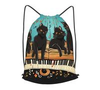 MXPELGHMAD Drawstring Backpack Draw String Back Bag Four black cats lying on the piano keyboard Drawstring Bags Cinch Sack Gym Bags