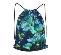 MXPELGHMAD Drawstring Backpack Draw String Back Bag Green butterfly and blue flowers Drawstring Bags Cinch Sack Gym Bags