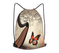 MXPELGHMAD Drawstring Backpack Draw String Back Bag Music Background with Harp and Butterfly Drawstring Bags Cinch Sack Gym Bags