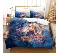 MXRMXR Floral Horse Art-Fantasy Equine Illustration Duvet Cover Set, Soft Microfibre Quilt Cover & Comforter Cover with Pillowcase, Easy Care Complete Bedding Set Single（140x200cm）