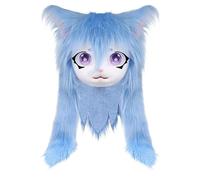 Mxshc Furry Animal Heads | Animal Cat Masque with Big Eyes Long Hair | Realistic Costume Accessory Cosplay Props for Theatre Performance Halloween Party Masquerade Anime Convention