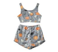 Mxshc Halloween Flannel Pajama Set, Glow-in-The-Dark Vest & Shorts for Women, Spooky Season Gray