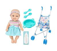 Mxshc Kids Doll Stroller Set, Play Stroller for Dolls with Feeding Accessories, 10 Inch Dolls Pretend Play Set with Accessories Soft for Age 3+ Years Old Girls Kids