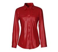 Mxssi Single-Breasted PU Black Leather Shirt Women Long Sleeve Faux Leather Tops Casual Ladies Office Blouses Red M