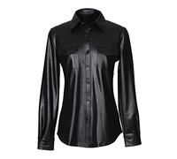 Mxssi Single-Breasted PU Black Leather Shirt Women Long Sleeve Faux Leather Tops Casual Ladies Office Blouses Black M
