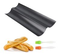 MXTIMWAN Baguette Baking Mould, Baguette Baking Tray for 2 Baguettes with 2 Pieces Silicone Pastry Brush, Baguette Tray Baguette Mould with Non-Stick Coating, Baking Mould Perforated Baguette Tray