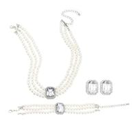 MXUHUI Pearls Layered Choker Necklaces Multilayer Faux Pearl Bracelet Crystal Earrings Jewelry Set 1920s Choker Necklace Bridal Wedding Party Jewelry, One Size, Metal Faux Pearl Crystal, No Gemstone