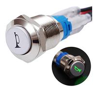 mxuteuk 16MM Raised Speaker Horn Momentary Push Button Switch 5/8" Mounting Hole 12V Green Led Light Silver Stainless Steel Shell 1NO 1NC SPDT with Pre-wiring Wires Switch For Car Modification G16LB-G