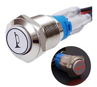 mxuteuk 16MM Raised Speaker Horn Momentary Push Button Switch 5/8" Mounting Hole 12V Red Led Light Silver Stainless Steel Shell 1NO 1NC SPDT with Pre-wiring Wires Switch For Car Modification G16LB-R