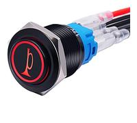 mxuteuk 19MM Raised Speaker Horn Momentary Push Button Switch 3/4" Mounting Hole 12V Red Led Light Black Stainless Steel Shell 1NO 1NC SPDT with Pre-wiring Wires Switch For Car Modification BKG19LB-R