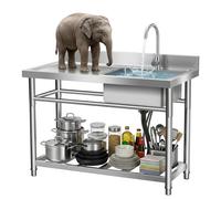 Mxxephemer Stainless Steel Commercial Hand Sink with Double Storage Shelves, Heavy Duty Utility Sink for Industrial Kitchen & Garage, Reinforced Large Workstation with High Backsplash (120CM)