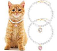 Mxxipp 2 Pack Cat Pearl Necklace with Heart Pendant, Cute Pet Pearl Collars, Medium Size, Adjustable for Wedding Party and Wedding Party