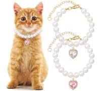 Mxxipp 2pcs Cat Dog Pearl Collar, Small Heart Shape Rhinestone Pet Necklace, Adjustable Wedding Party Pet Jewelry Accessories for Puppy Small Cats- White & Pink
