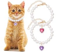 Mxxipp 2pcs Cat Dog Pearl Collar, Small Heart Shape Rhinestone Pet Necklace, Adjustable Wedding Party Pet Jewelry Accessories for Puppy Small Cats- Purple & Red